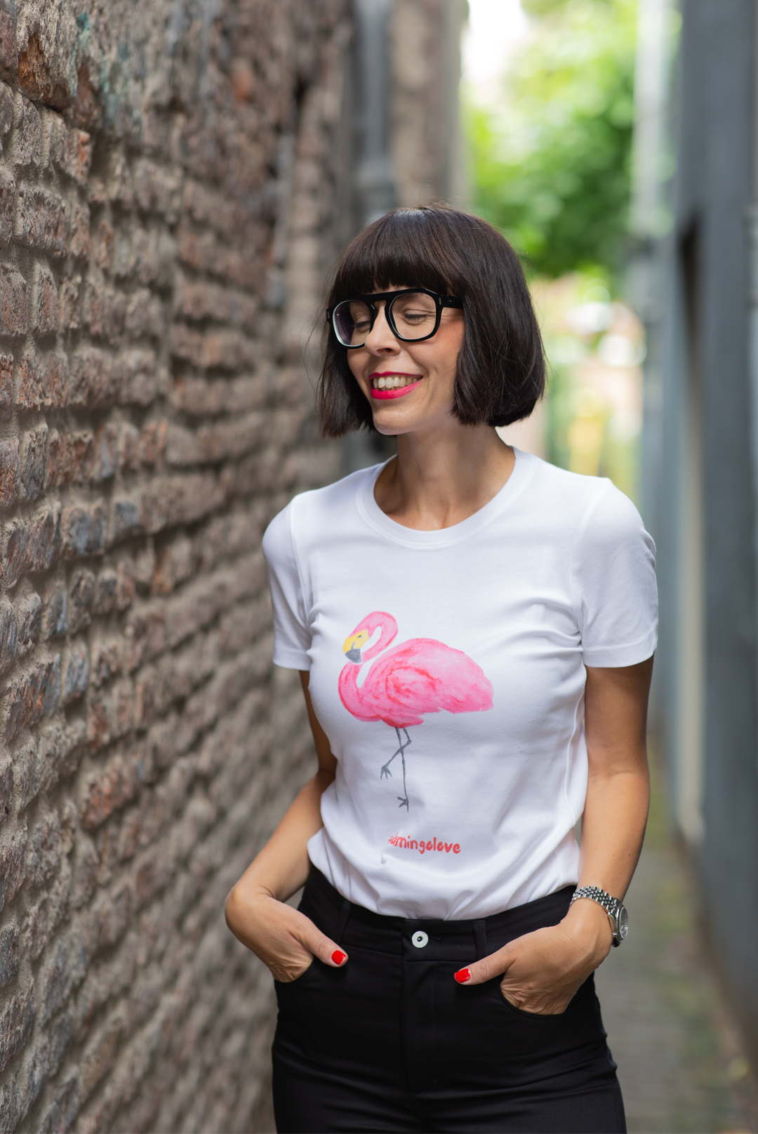 T-Shirt mit Flamingo zur schwarzen Skinny Hose - mein eigenes weißes T-Shirt